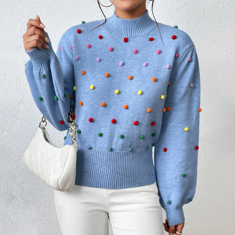 Fashion Knit Winter Women Long Sleeve Pullover Elegant O Fur Ball Decoration Mock Neck Beaded Sweater