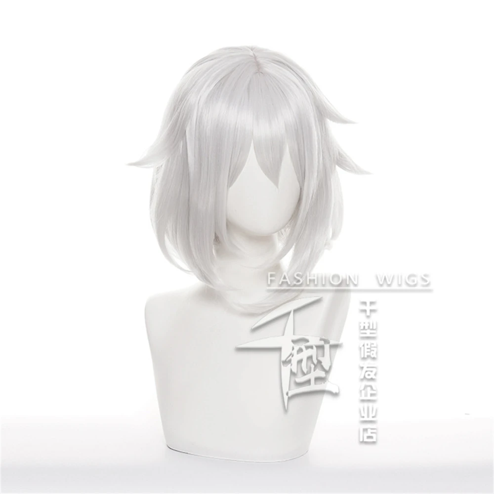 Paimon شعر مستعار تأثيري فضي أبيض قصير مقاومة للحرارة الاصطناعية أنيمي الباروكات + غطاء شعر مستعار