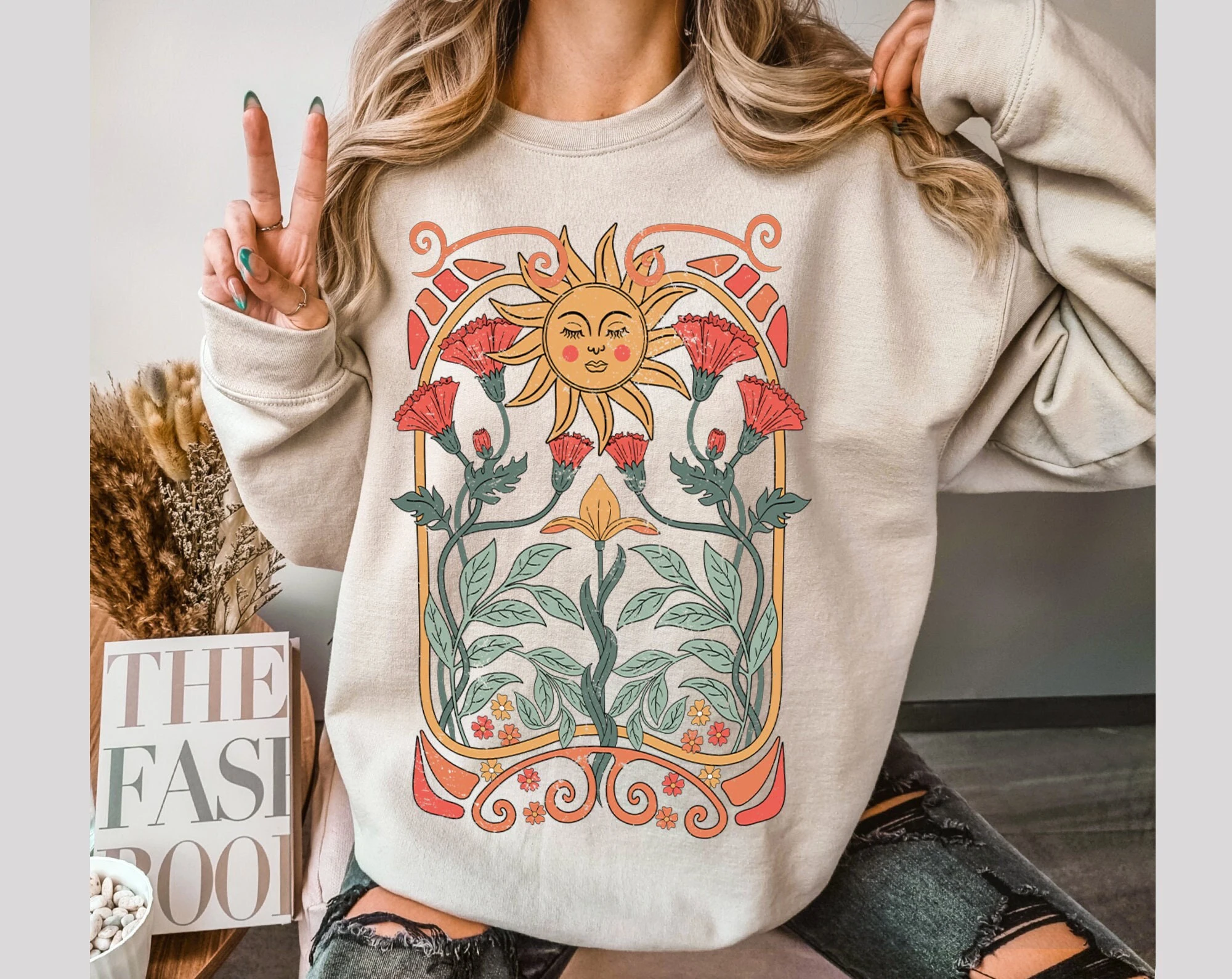 Vintage Cartoon Sun Flowers Tarot Print Damska bluza Nowa moda Retro Wszystkie dopasowane ubrania damskie Trend Trip Casual Girl Tops