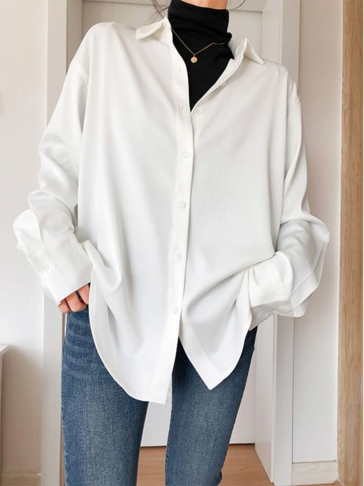 

Ele Oversize White irt Women's Loose Inner Wear Layering Faion Korean Sle Long Sve Collar Polyester Blend