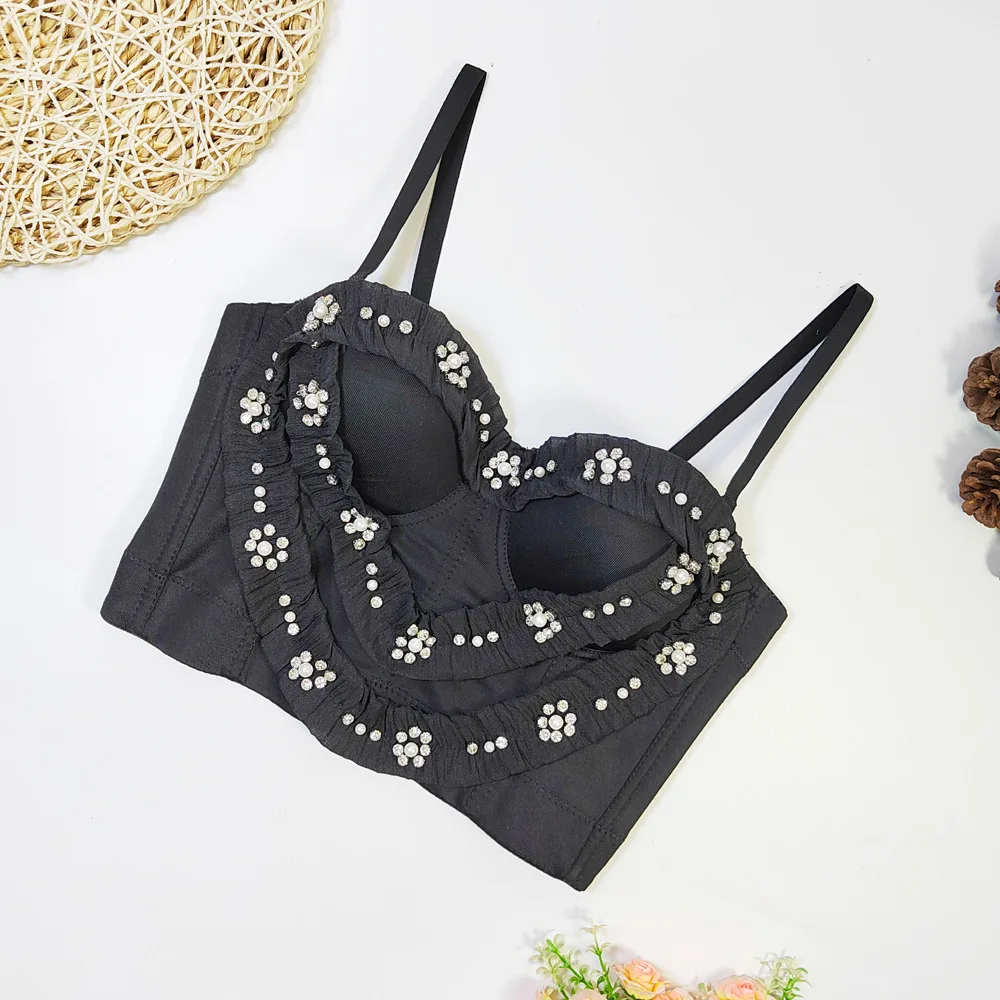 European and American Fishbone Corset Top Thin Bottom Thick Waist Tube Stitching Lotus Leaf Small Lace Beaded Wrapped Chest