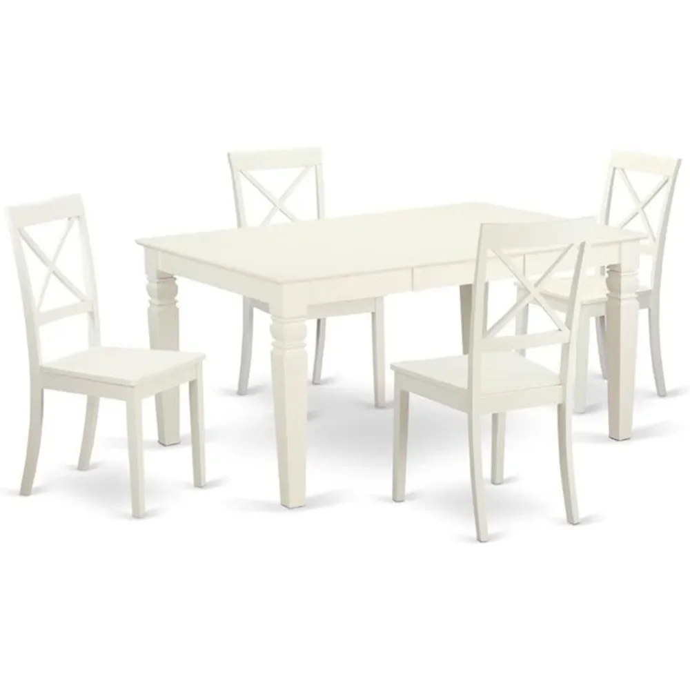 5 Piece Dinette Set for 4 Includes a Rectangle Room Table with Butterfly Leaf and 4 Dining Chairs, 42x60 Inch, Linen White