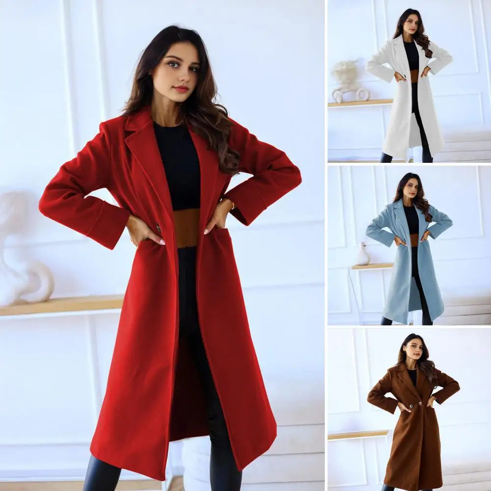 

Mid-length Wool Coat Elegant Women's Wool Blend Pea Trench Coat with Classic Notch Lapel Stylish Midi Long Overcoat for Fall