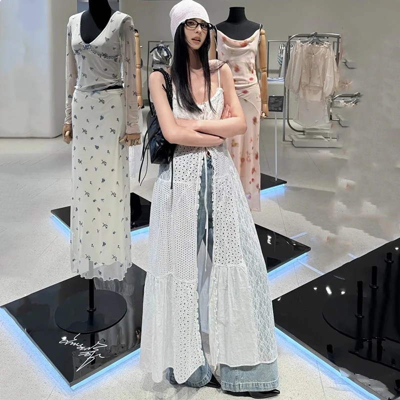 ลูกไม้Patchwork Camisชุดผู้หญิงY2K Holiday Beachชุดยาวแขนกุดเกาหลีแฟชั่นHarajukuเซ็กซี่สีขาวLace Up Vestidos