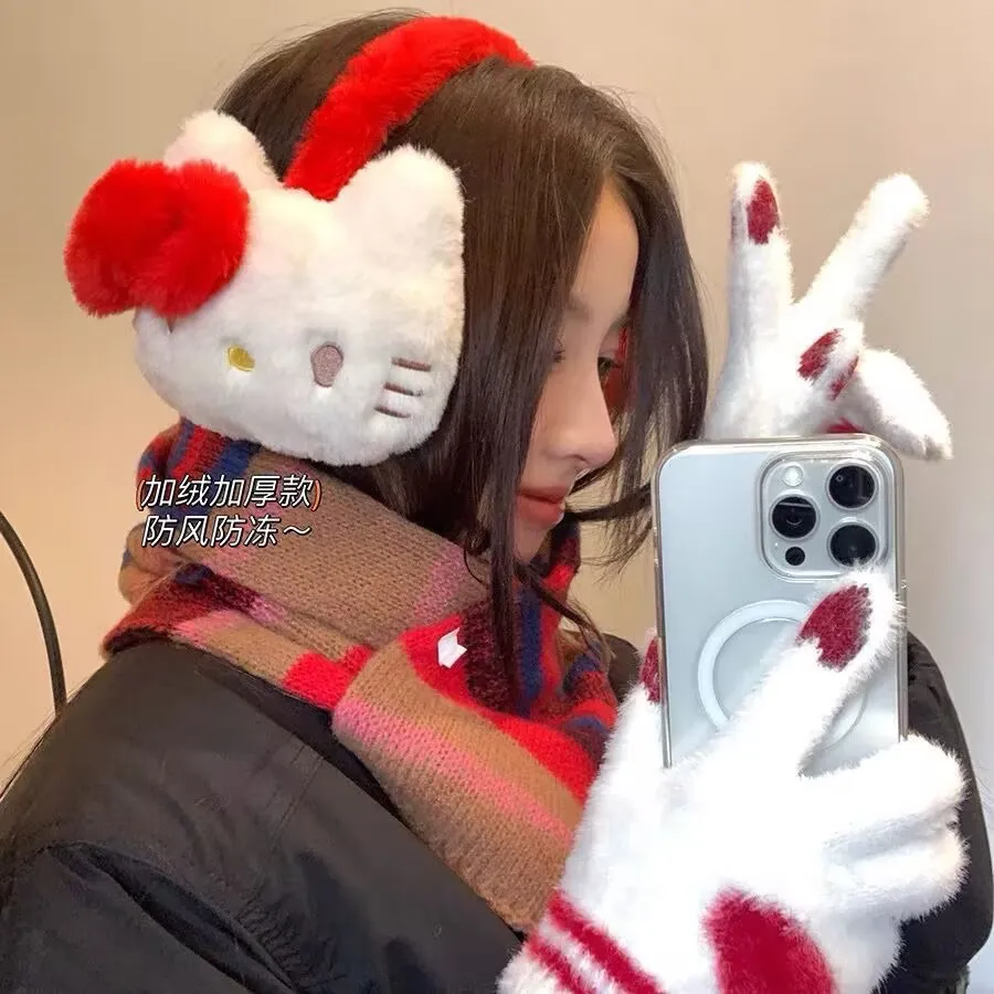 MINISO Sanrio Hello Kitty Winter Keep Warm Earmuffs Pink Red Fluffy Cute Cotton Plush Bike Ski Equipment  Boy Girl Protect Ear