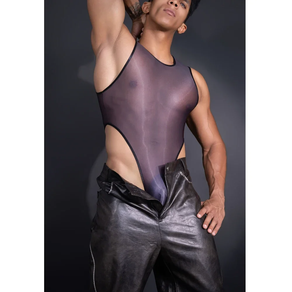 Sexy Men Oil Glossy Shiny Bodysuit Sheer See Through Open Crotch One Pieces Thong Gay Tights Elastic Leotard Homewear