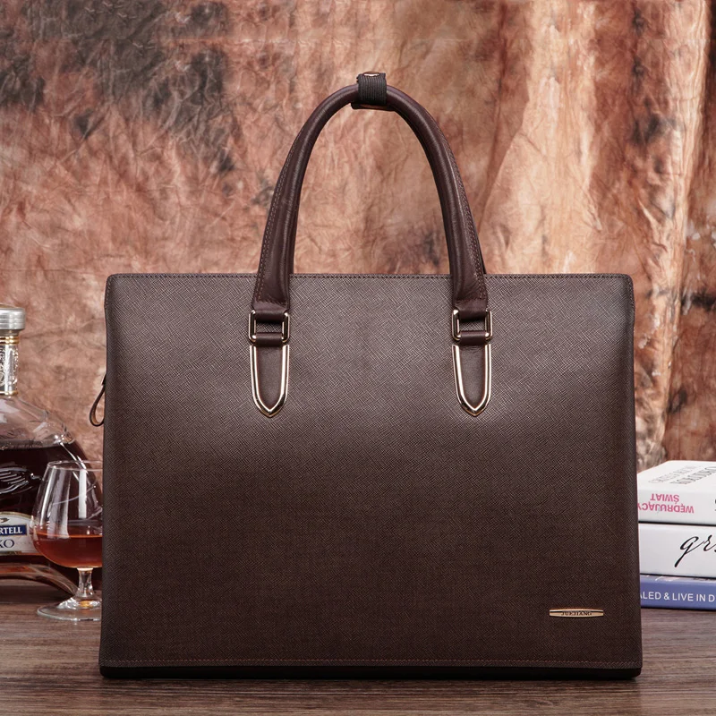 

Briefcase Black Horizontal Square Cowhide Men's Business Large Capacity Shoulder Multi-Layer Portable Fashion Casual Simple 1Pc