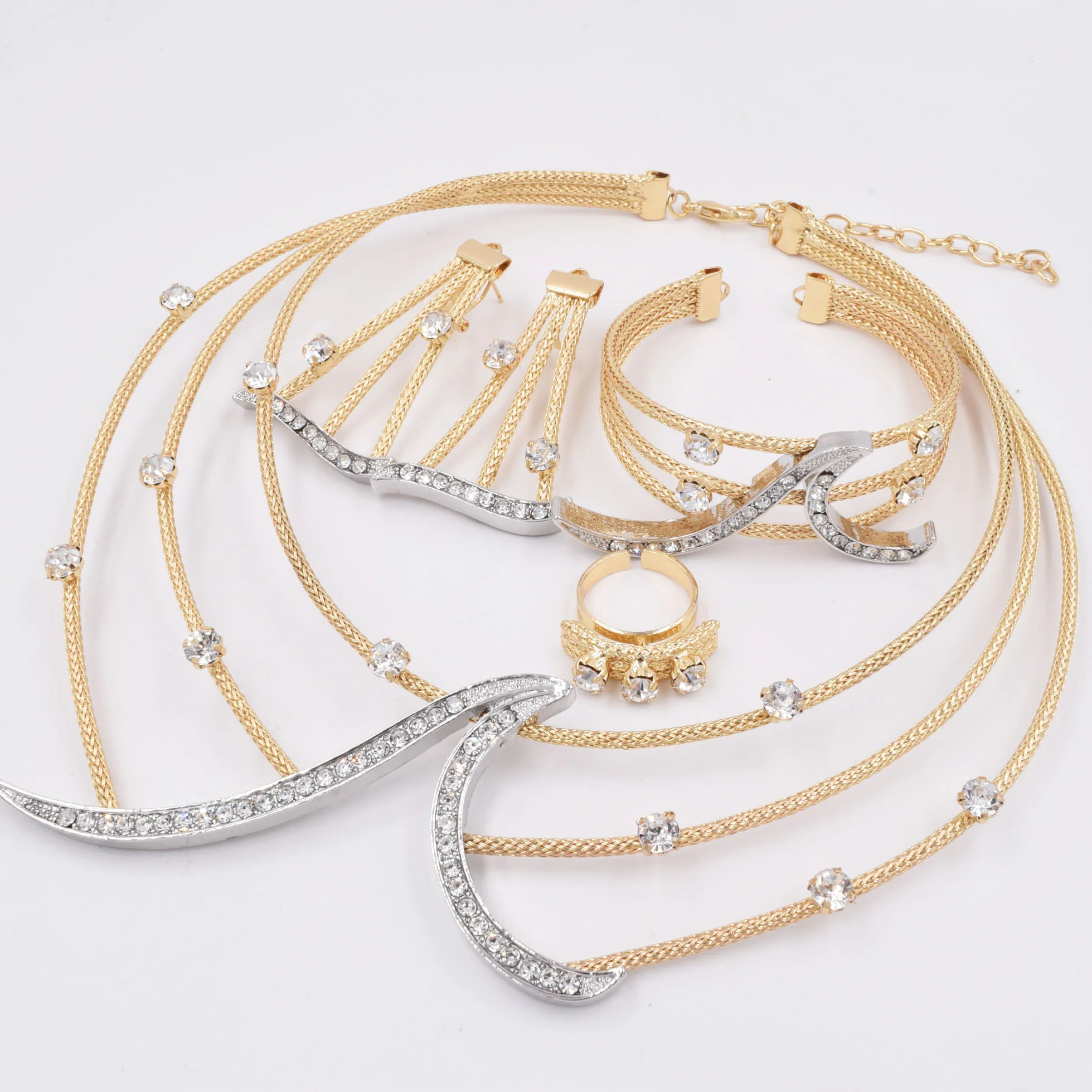 Italian 18K Gold Plated Jewelry Set Square Women Leaf Necklace Earrings Bracelet Ring 4pcs Jewelry Set Wedding Party Accessories