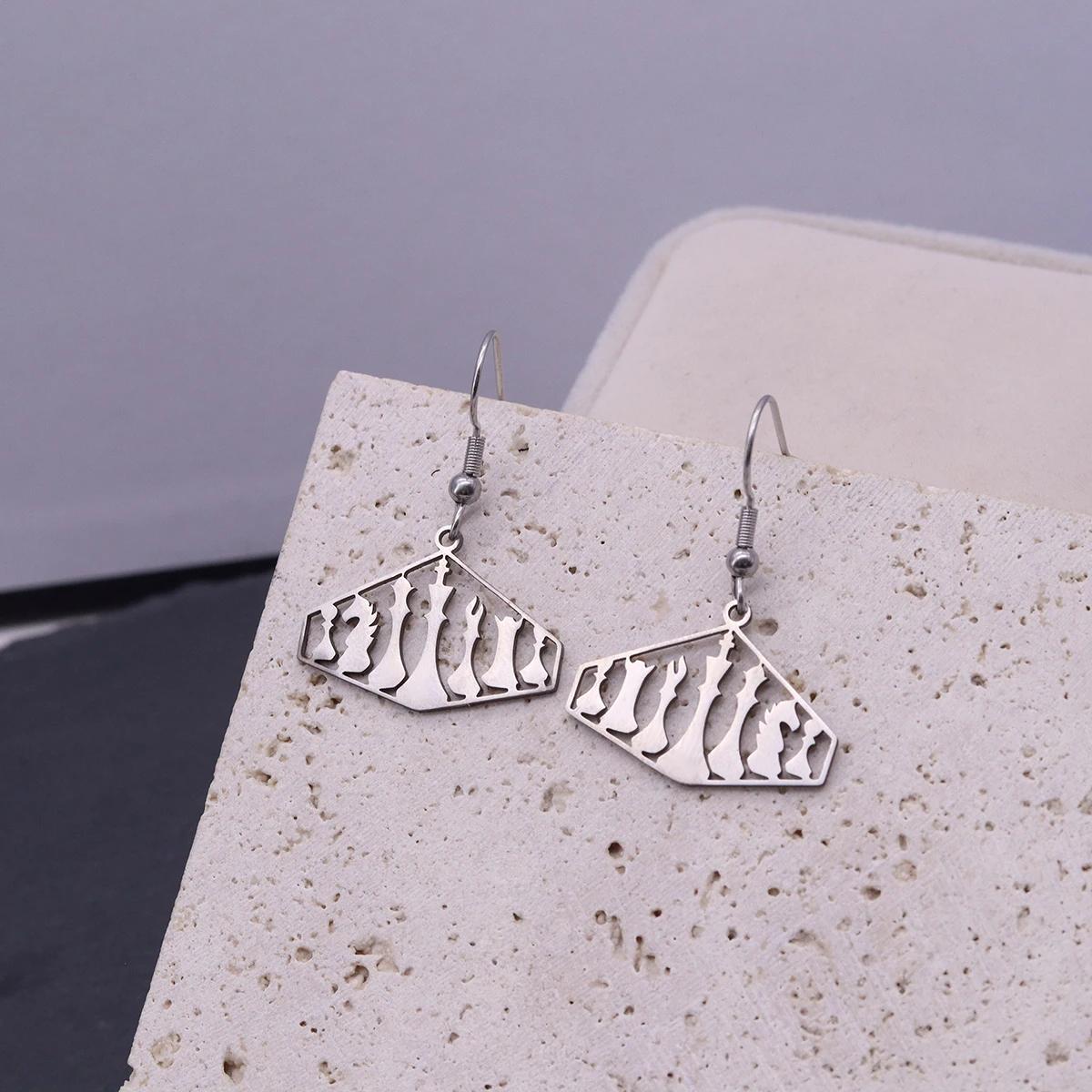 QIAMNI Chess Pieces Knight Bishop Pawn King Queen Rook Dangle Earrings For Women Men Stainless Steel Drop Earring Jewelry Gifts