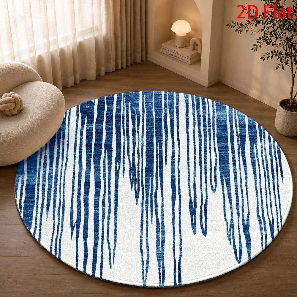 Minimalist Blue White Abstract Vertical Lines Round Area Rug Non Slip Floor Mat For Modern Minimalist Living Room Decor Gift