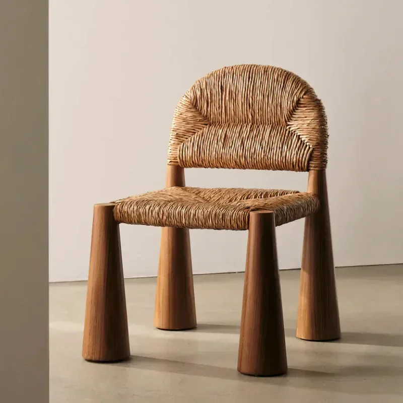 Grass rattan dining chair vintage solid wood surprise quiet wind woven chair dining room furniture