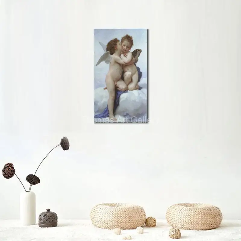 William-Adolphe Bouguereau Kiss Angel Canvas Print Cupid Butterfly Wall Art HD Classical Painting for Living Room Bedroom Decor