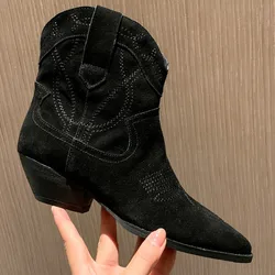 Women's natural suede leather thick high heel pointed toe slip-on autumn western boots embroidery elegant ladies short booties