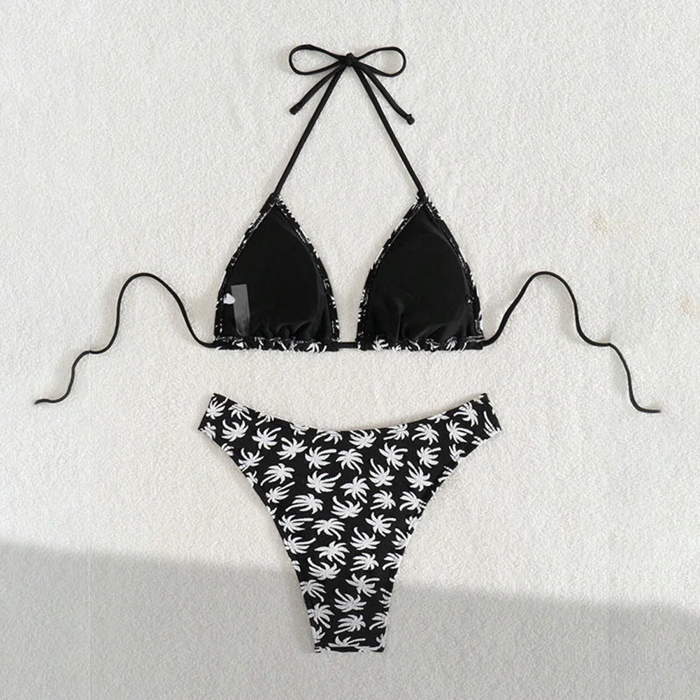 1 conjunto senhoras preto biquíni novo floral impresso split maiô feminino sexy halter push up cintura alta hoiday banho