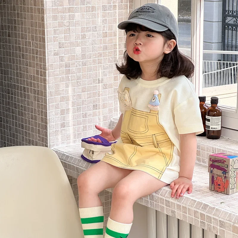 

Patterned Fake Two-Sling Backless Short-Sleeved T-shirt Skirt Girls T-shirt Summer 2025 New Childrens Wear Girls Sweet and Cool