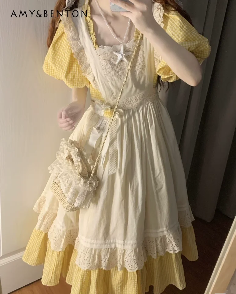 

Childrens Summer New French Pastoral Dress Suit Big Girls Sweet Puff Sleeve Yellow Plaid Square Collar with Layered Cover Skirt