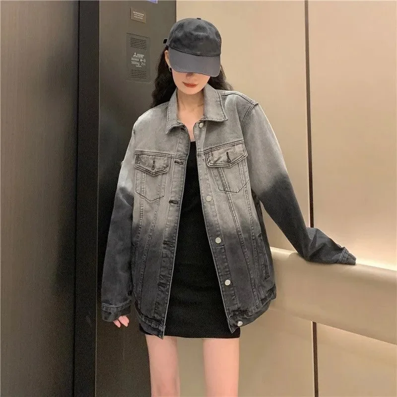 American Retro Washed Denim Patchwork Jacket for Women in Autumn and Winter Loose Thick Warm long Sleeved Cardigan With Fur top