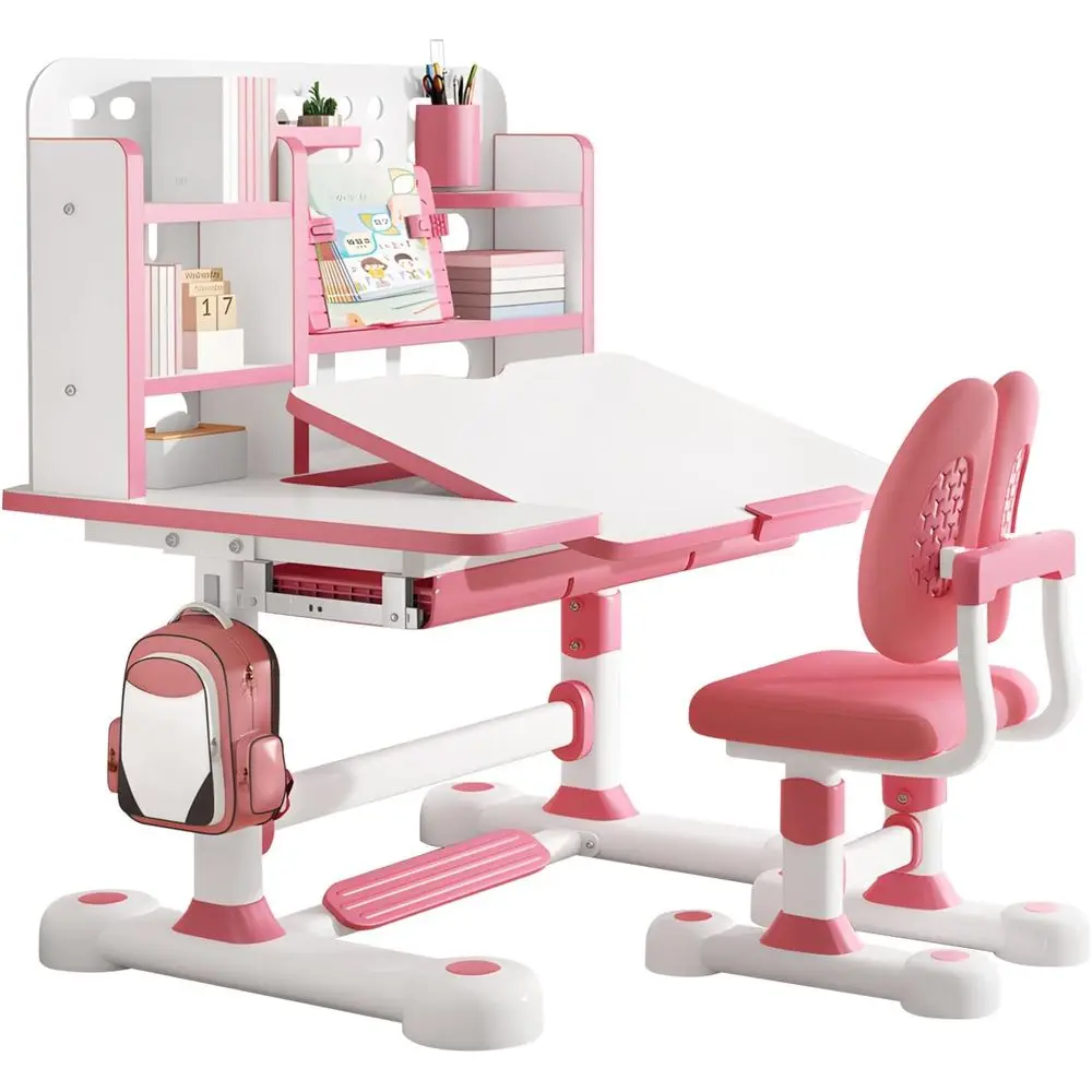 

Height-Adjustable Kids Desk and Chair with Bookshelf and Storage, 50-Degree Tilt Study Table for Children's Bedroom or Study Roo