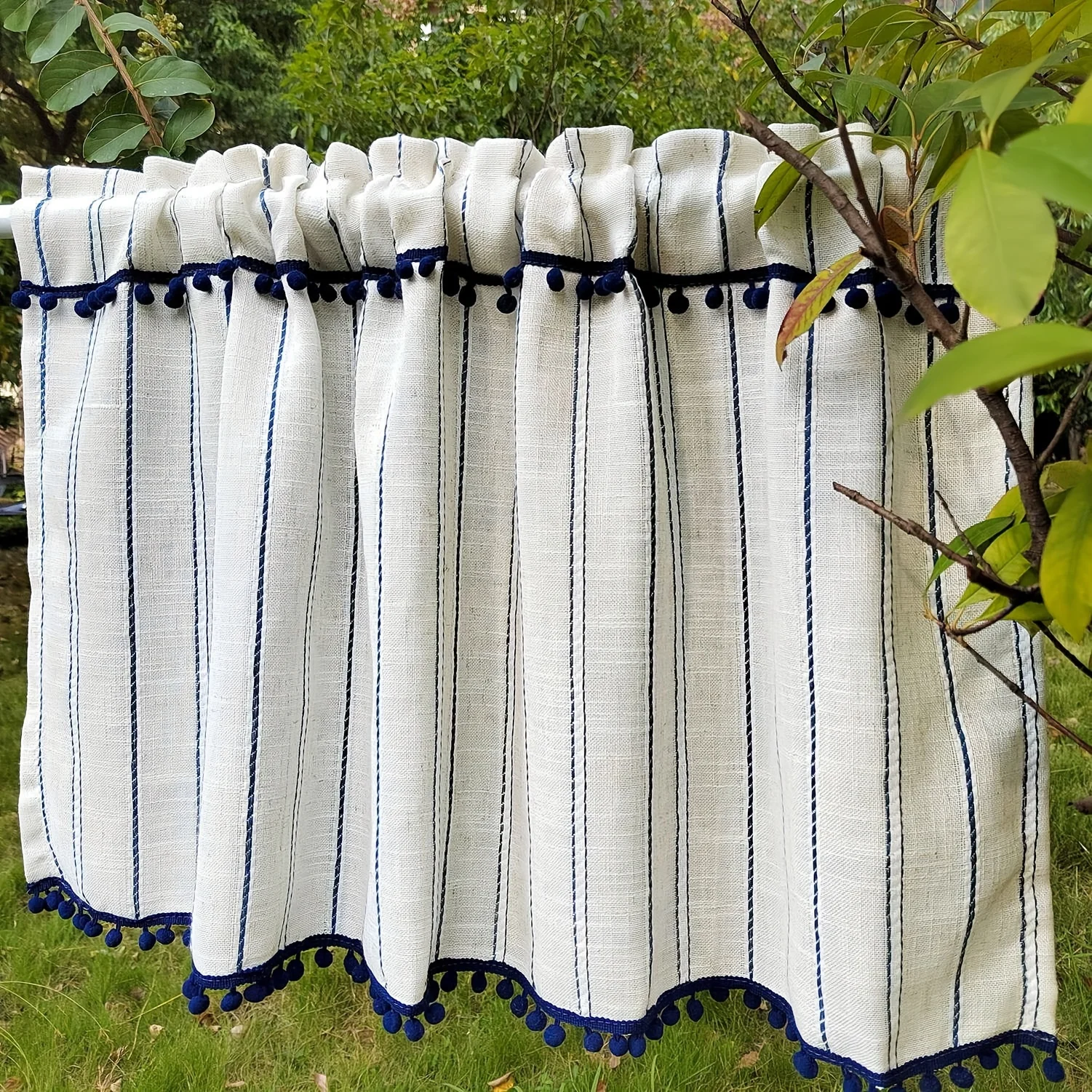 1PC Blue Striped Cotton Linen Short Drapes, Faux Fur Fringe Semi-Transparent Curtains, Kitchen Coffee Shop Restaurant Bar Decor