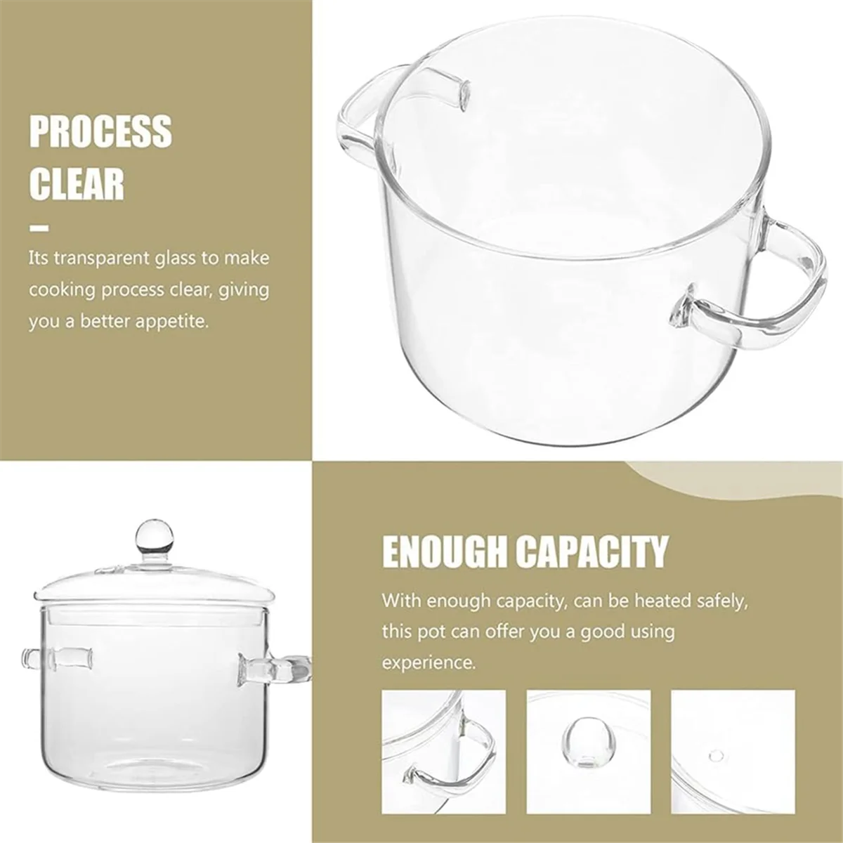 Glazen steelpan met deksel, kookplaat kookpot met deksel en handvat Sudderpot Heldere soeppan, hoog borosilicaat 1400ML