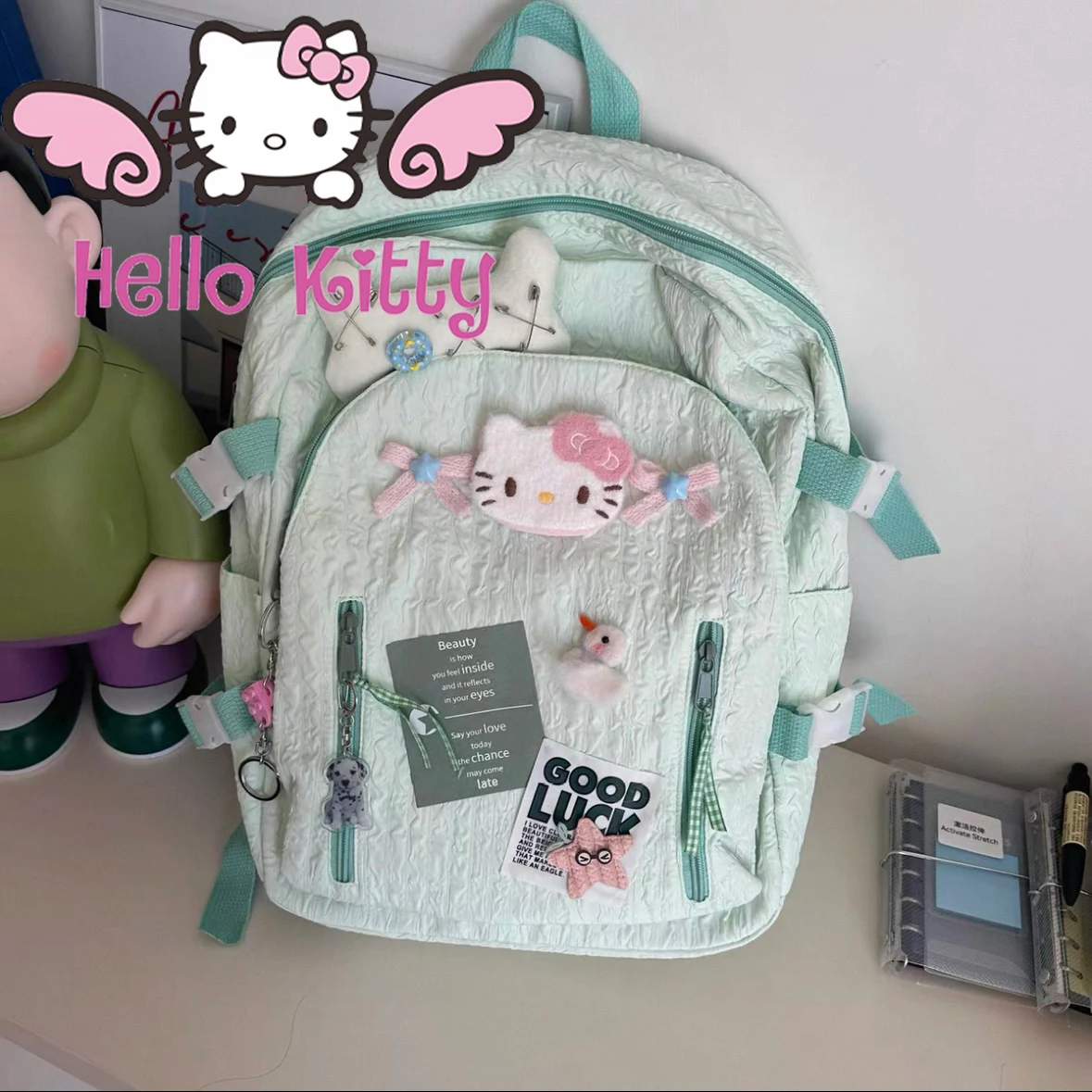 

Y2k Hello Kitty свежий зеленый рюкзак модный высокое качество самодельный большой вместительности милый мультяшный студенческий школьный рюкзак подарок для девочки