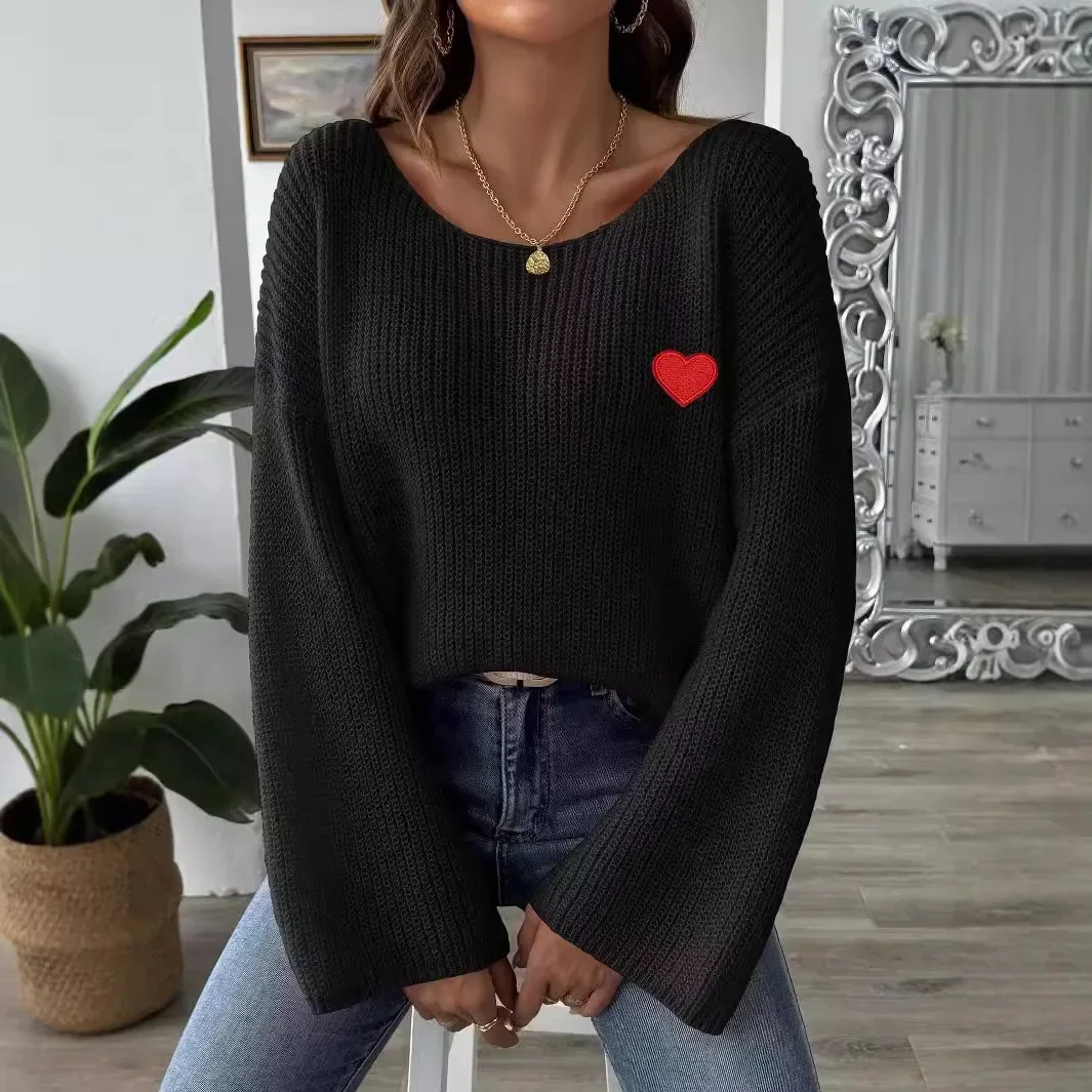 Women's Sweater Single Collar Off Shoulder Flared Sleeves Embroidered Heart-shaped Pullover M