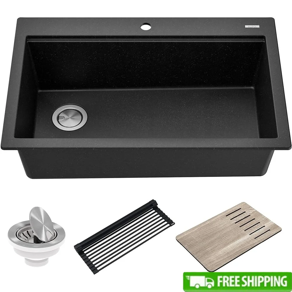 

Granite Kitchen Sink Workstation Single Bowl Quartz Composite Drop In Sink with Cutting Board Drying Rack Drain Assembly