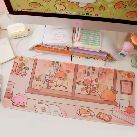 Autumn Gaming Mousepad Katnipp Coffee Shop Scene Kawaii Desk Mat Women's Computer Decorative Desk Mat Cute Wrist Rest Mouse Pad