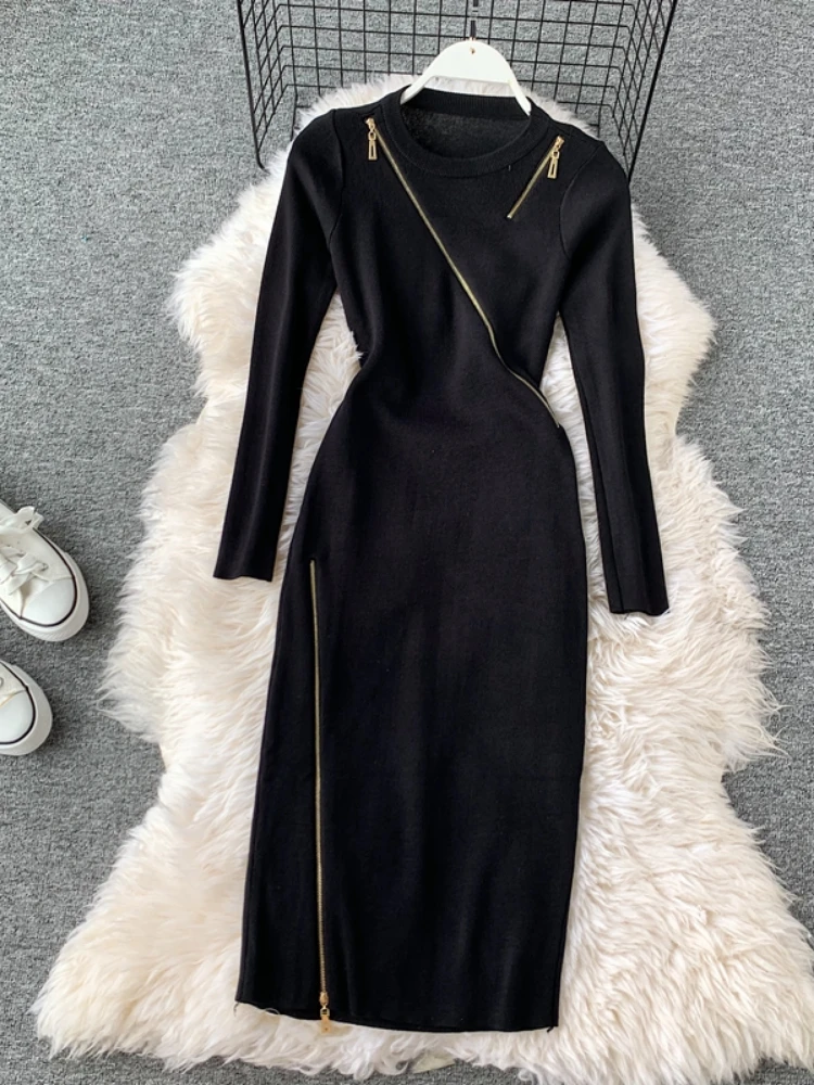 Zipper Knitted Woman Dress O-neck Vintage Tunic Temperament Robe Femme Slim Waist Bodycon Mini Dresses 2024 Vestidos De Mujer