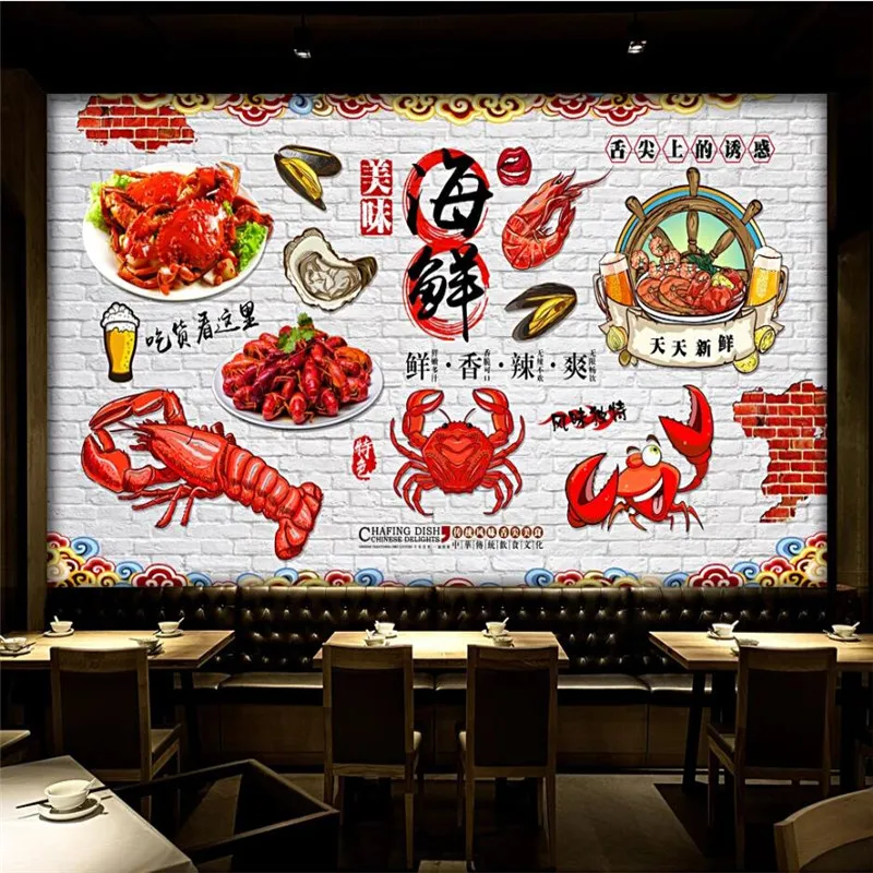 Custom 3D Hand-painted Delicious Seafood Shrimp Crab Mural Wall Paper Seafood Restaurant Snack Bar Industrial Decor Wallpaper 3D