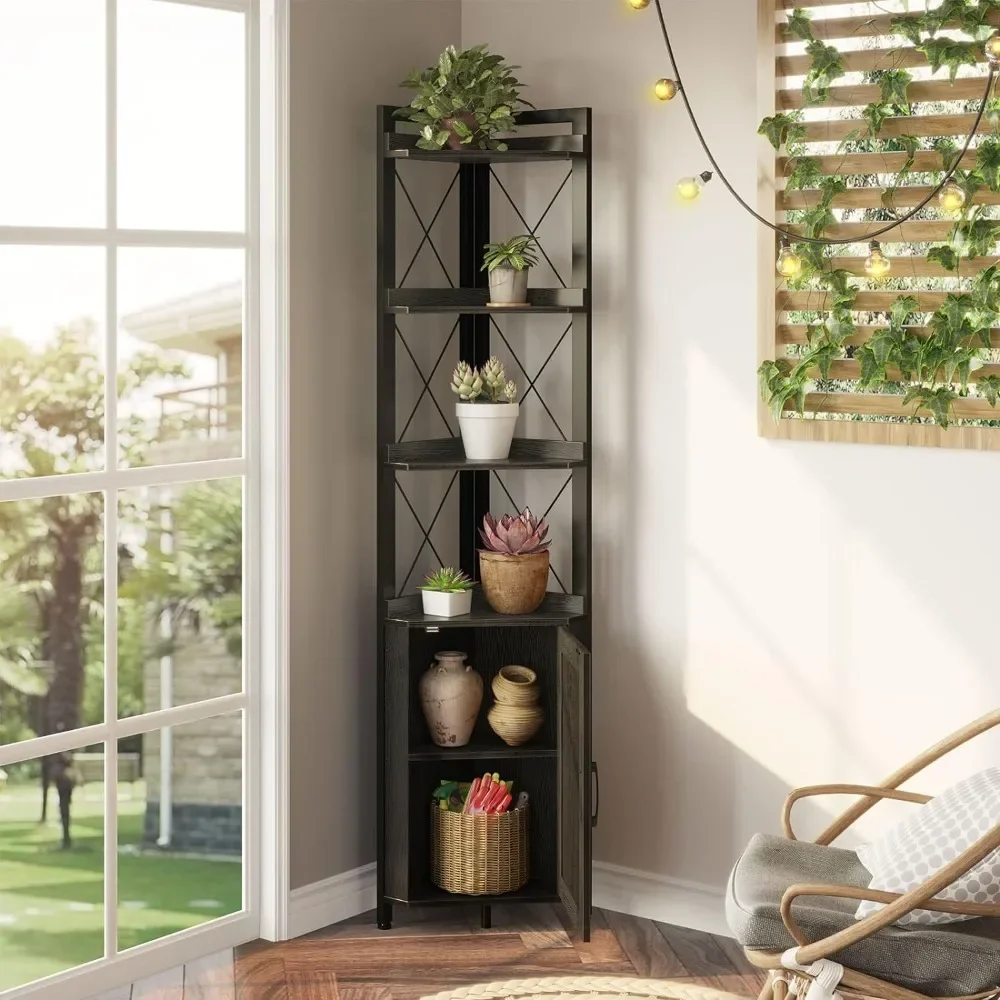 Corner Bookshelf 5-Tier with Storage, Rustic Corner Bookshelf Stand Storage Rack Plant Stand