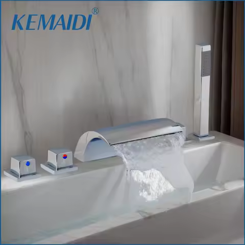 KEMAIDI Waterfall Shower Set Bathtub Tub Shower Faucet Three Handles with Handspray Deck Mounted Shower Set Bathtub Faucet Mixer
