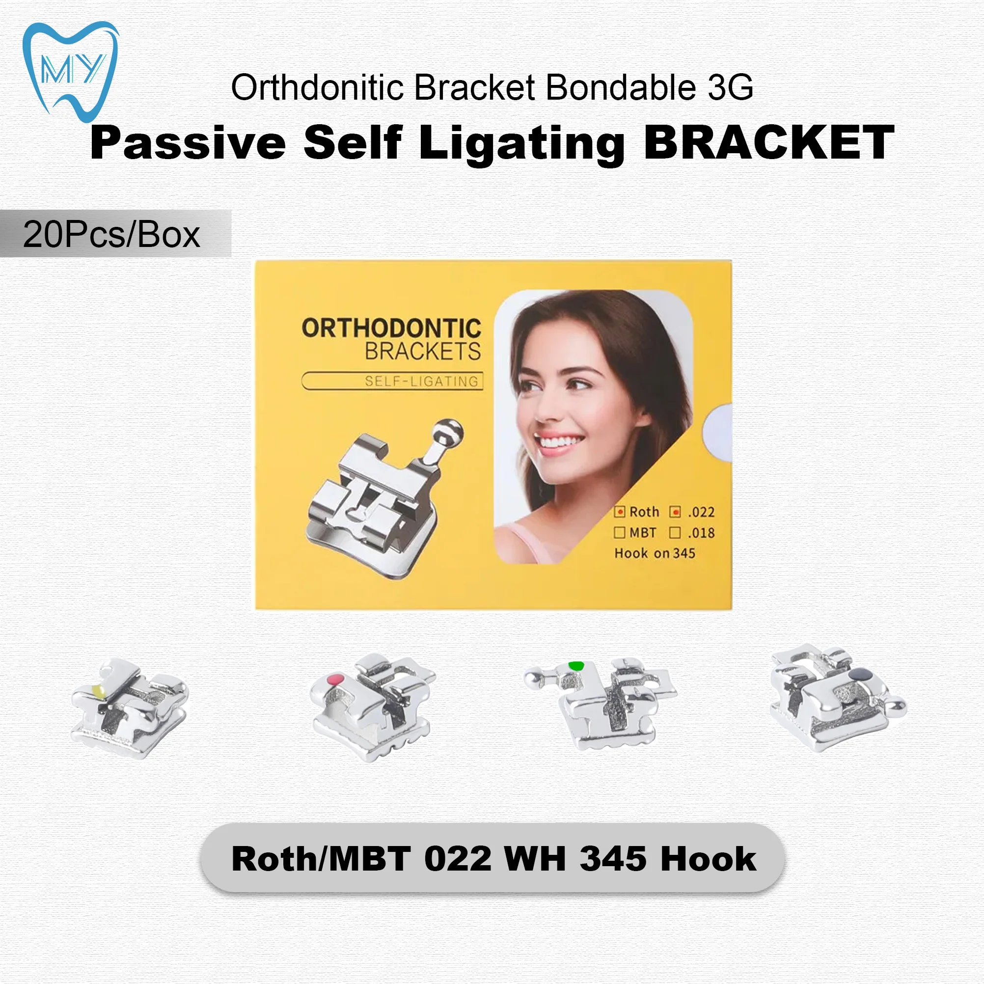20 Piezas/Caja de Brackets de Autoligado Pasivo Roth/MBT 022 3G con 345 Ganchos, Brackets de Ortodoncia Adhesivos, Brackets Bondables
