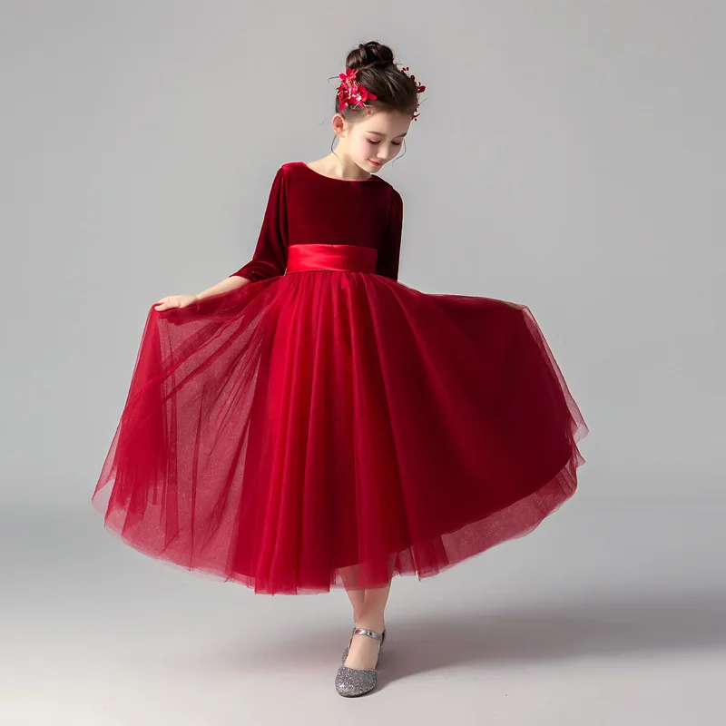 Little Girls Elegant Evening Dress Toddler Kids Velvet Winter Half Sleeve Dresses Teen Girls Tulle Long Prom Gown Party Cocktail