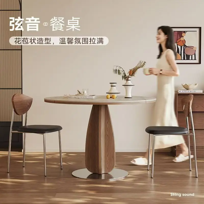 Medieval round table Bauhaus string walnut household small apartment square and round dual-purpose retractable folding