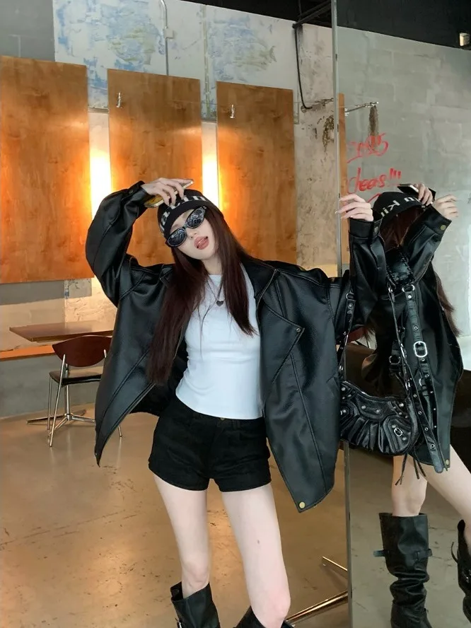 Retro Biker Jaet Damska Luźna Kurtka Długa Casualowa Narzutka Jesień 2025 Nowość Wszechstronna Wyszczuplająca Bluzka