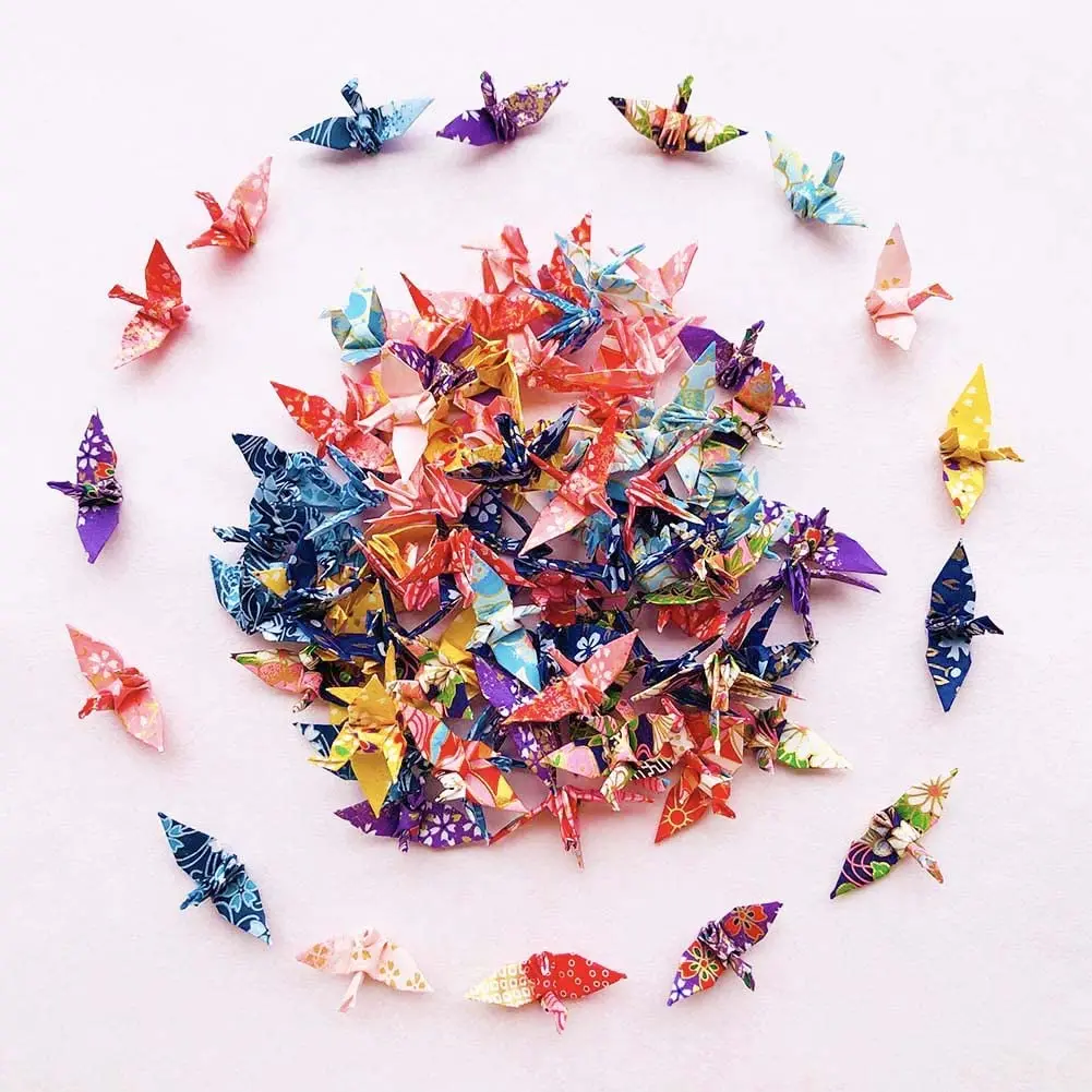 100Pcs Mini Premade Origami Washi Paper Cranes Folded Tiny Japanese Thousand Origami Cranes Yuzen Paper Doves