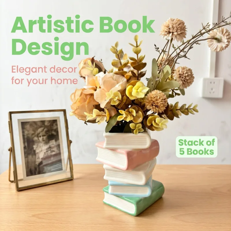 Macaron Ceramic Book Vase Artificial, Flower Holder Stacked Books Planter, Home Table Desktop Decor Ornament, Gift Photo Prop