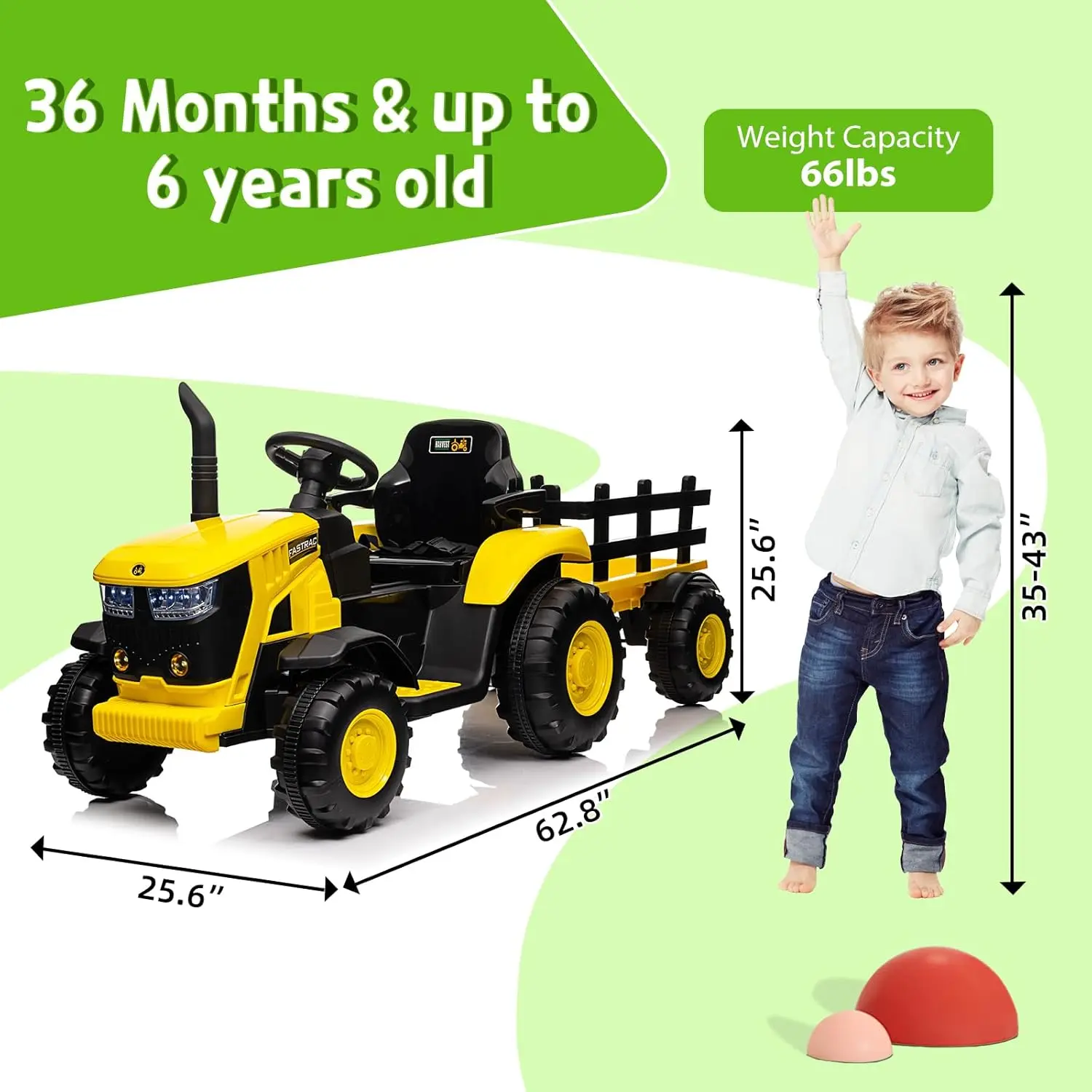 Tracteur de jouets pour enfants, alimenté par batterie 12V, avec télécommande, double moteur 35W, Bluetooth, musique, changement de vitesse à 3 vitesses, ceinture de sécurité pour 3-6 ans
