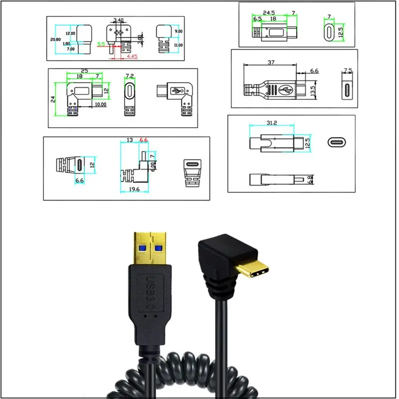 Gold Plated Spring Extension Cable USB 3.0AM To Type-C Computer, Laptop, Phone Data Charging Connection Cable