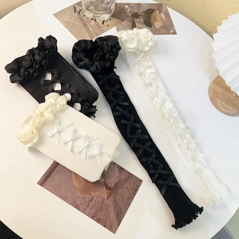 Lace Bow Sleeves Shawl Arm Warmer Fashion Ballet Lolita Sweet Jk Mesh Flock Oversleeve Sunscreen Fingerless Long Gloves Women