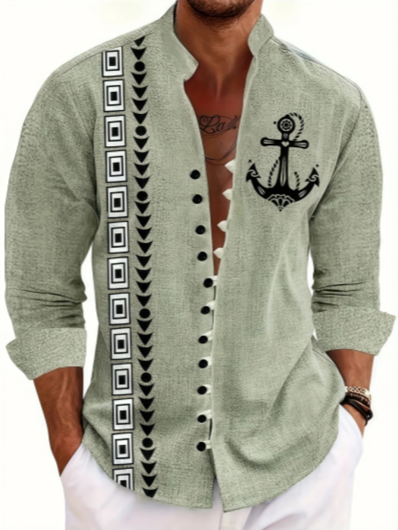 新しいメンズリネン半袖シャツ、ファッショナブル、レトロスタイル、エスニックトーテムプリント、快適で通気性のある、メンズトップ