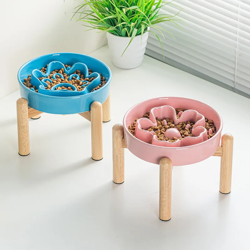 

Ceramic Cat Bowl Double Set Wooden Stand Non Slip Spill Proof Elevated Slow Feeder Anti Choke Neck Protection Pet Dog Cat Bowl