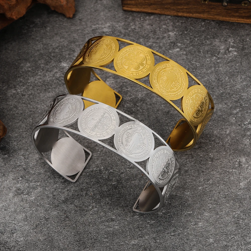 Fashion Saint Benign Engraved Cross Stainless Steel Open Adjustable Bracelet Light Luxury Hundred C Bracelet