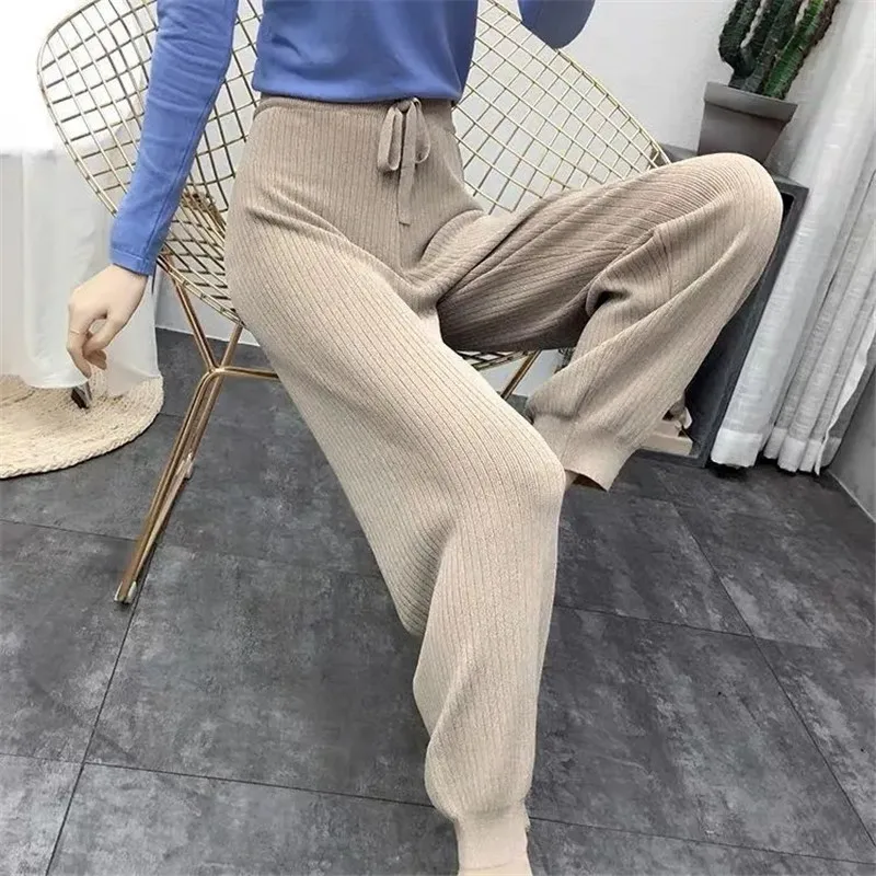 Spring And Autumn New Korean Knitted Csual Pants Female's Breasted Nine-Point Trousers Black Straight Pantalones Woman Clothing