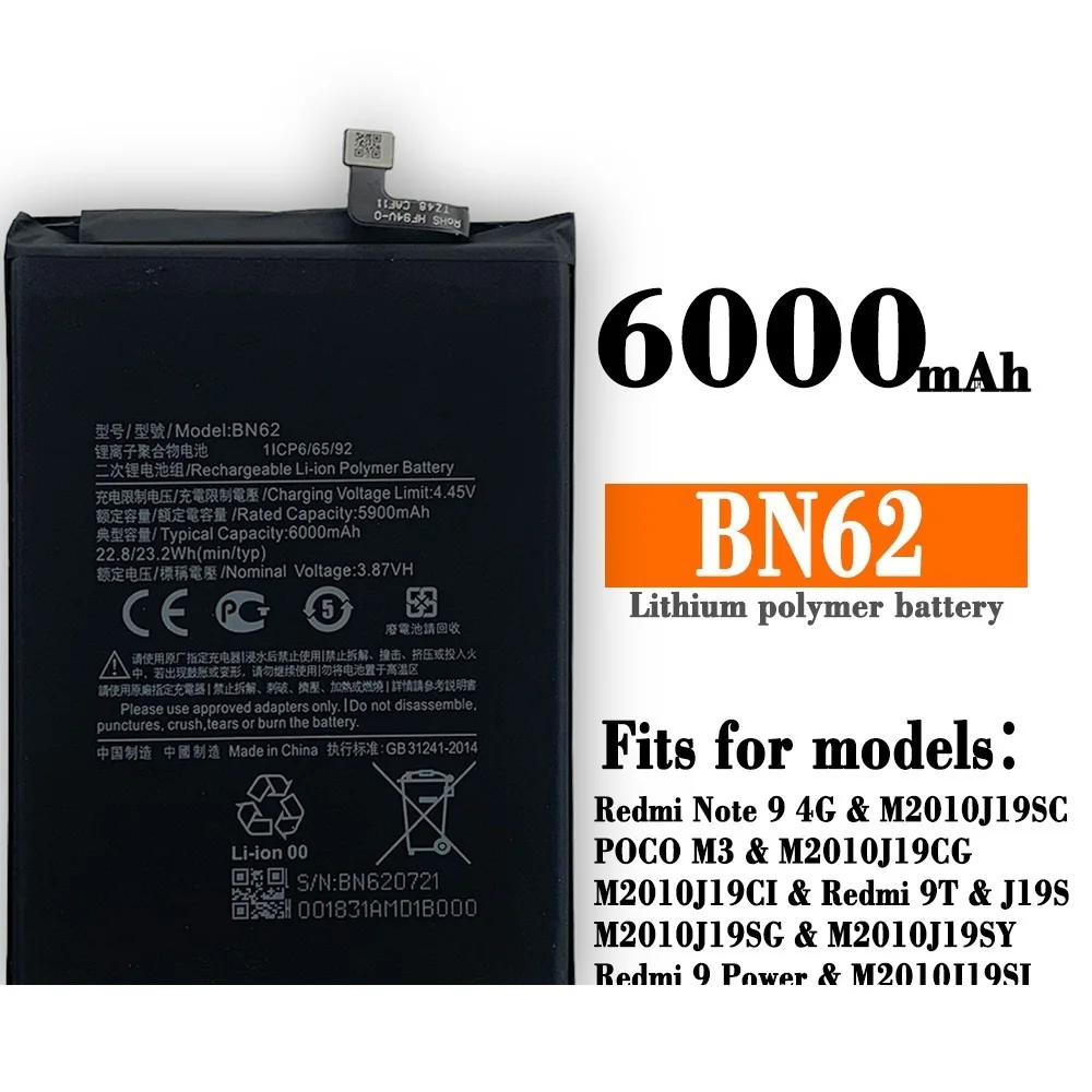 

BN62 6000mAh Phone Battery For Xiaomi POCO M3 Redmi Note 9 4G 9T Replacement Batteries Bateria + Tools