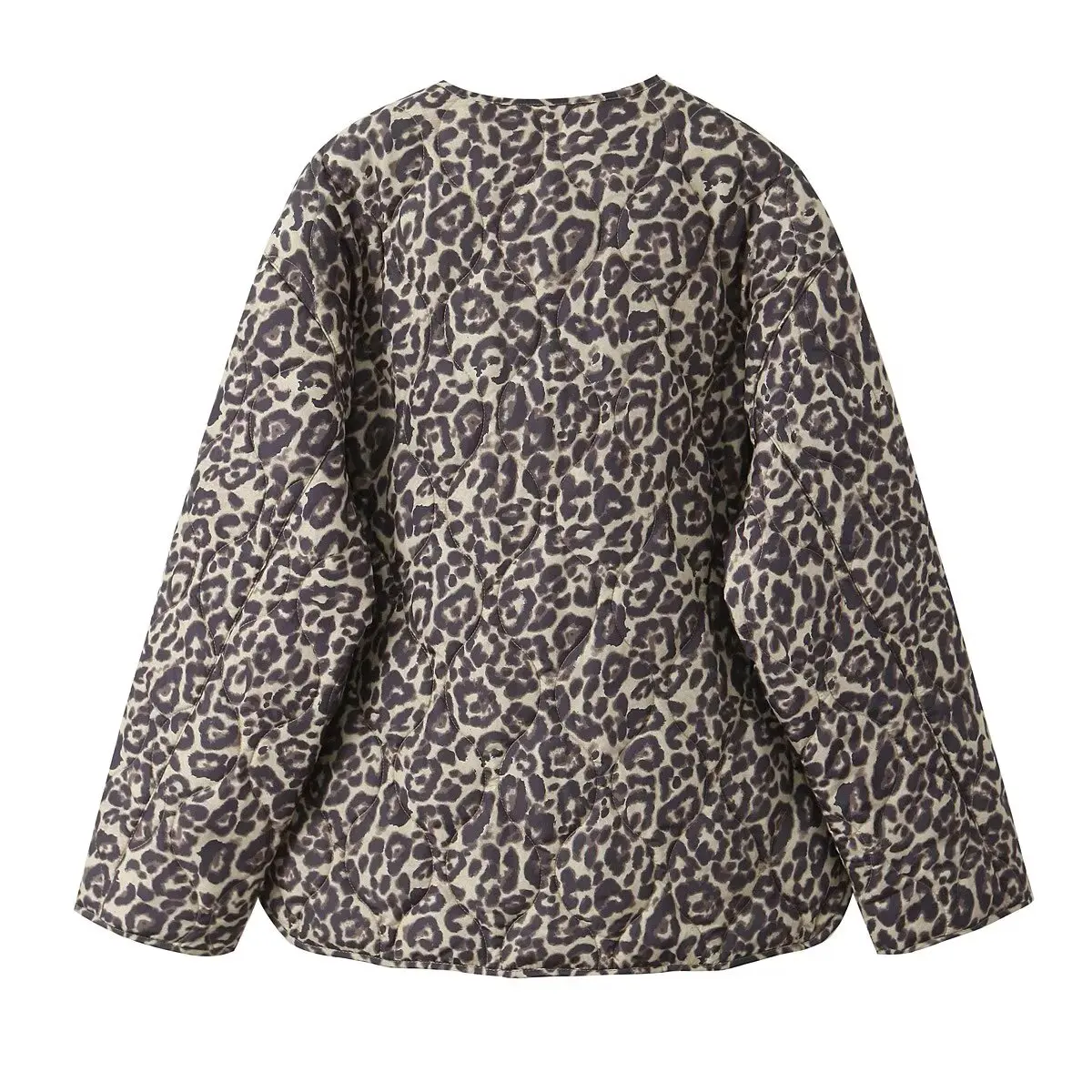 Leopard print long sleeve casual cotton coat for women winter new round neck zipper warm cotton coat jacket