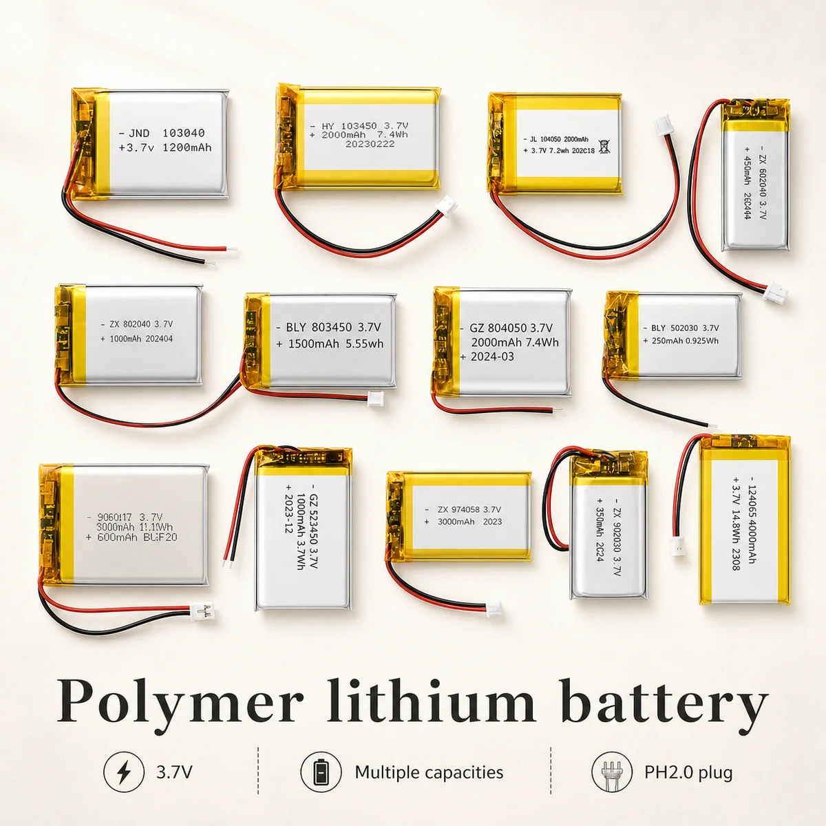 Rechargeable 3.7V LiPo Battery with PH2.0 Plug Lithium Battery Pack for GPS Navigation Bluetooth Speaker MP3 MP4 PS4