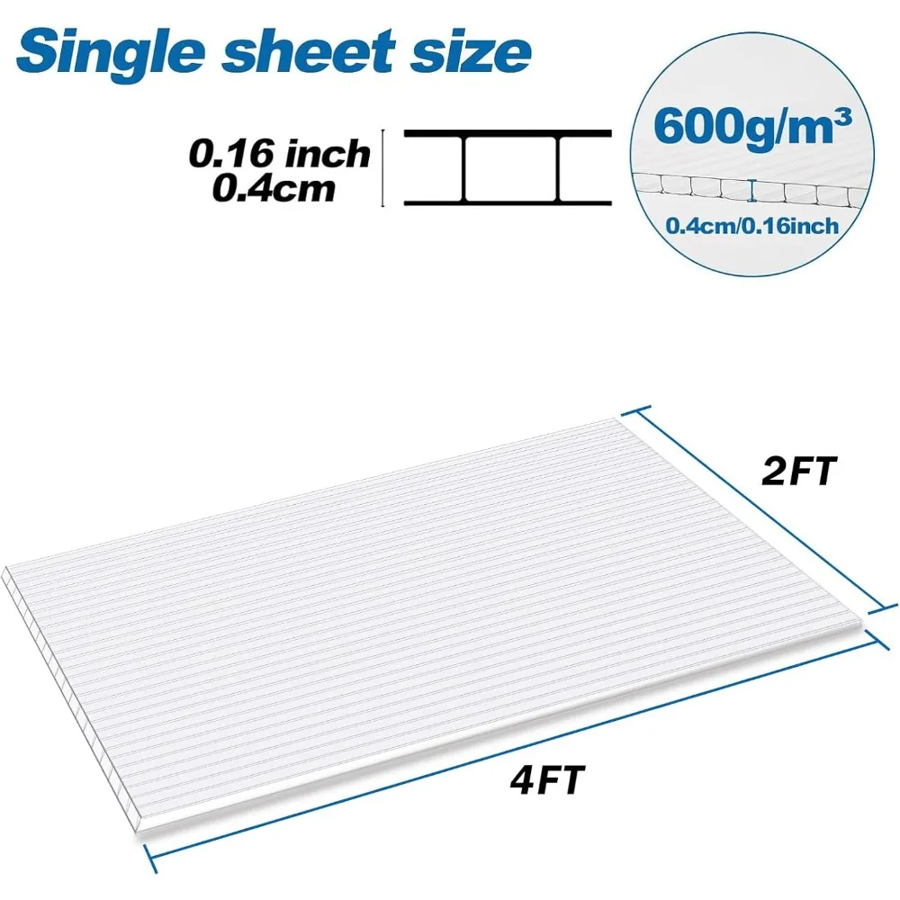 Pannelli per serra in policarbonato, confezione da 14 fogli a doppia parete da 4 mm, 4' (L) x 2' (L) x 0,16" - Impatto e infrangibile, impermeabile, UV