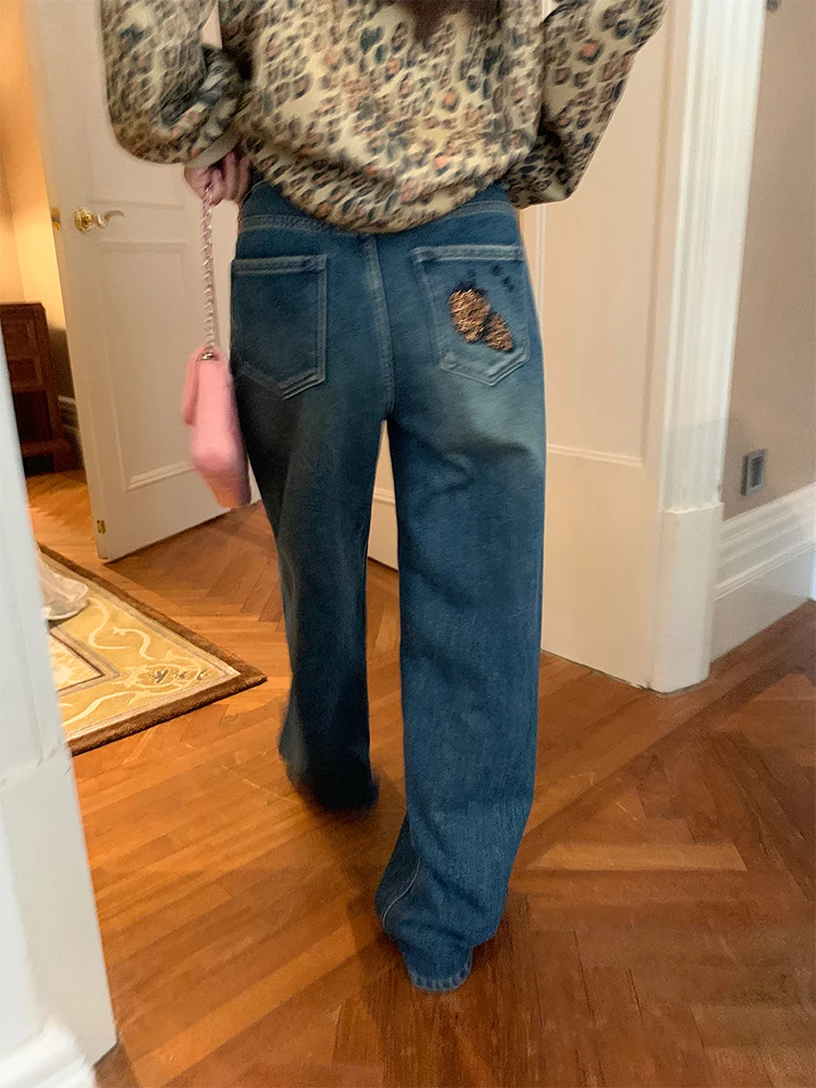 

Winter Fashion High Waist Embroidered Fleece Wide Leg Jeans Women's Small Size Denim Pants Commute Style Machine Embroidery